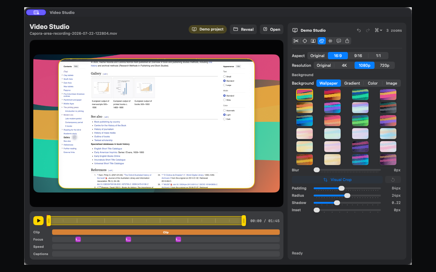Capora Video Studio showing a demo on a colorful canvas with background controls