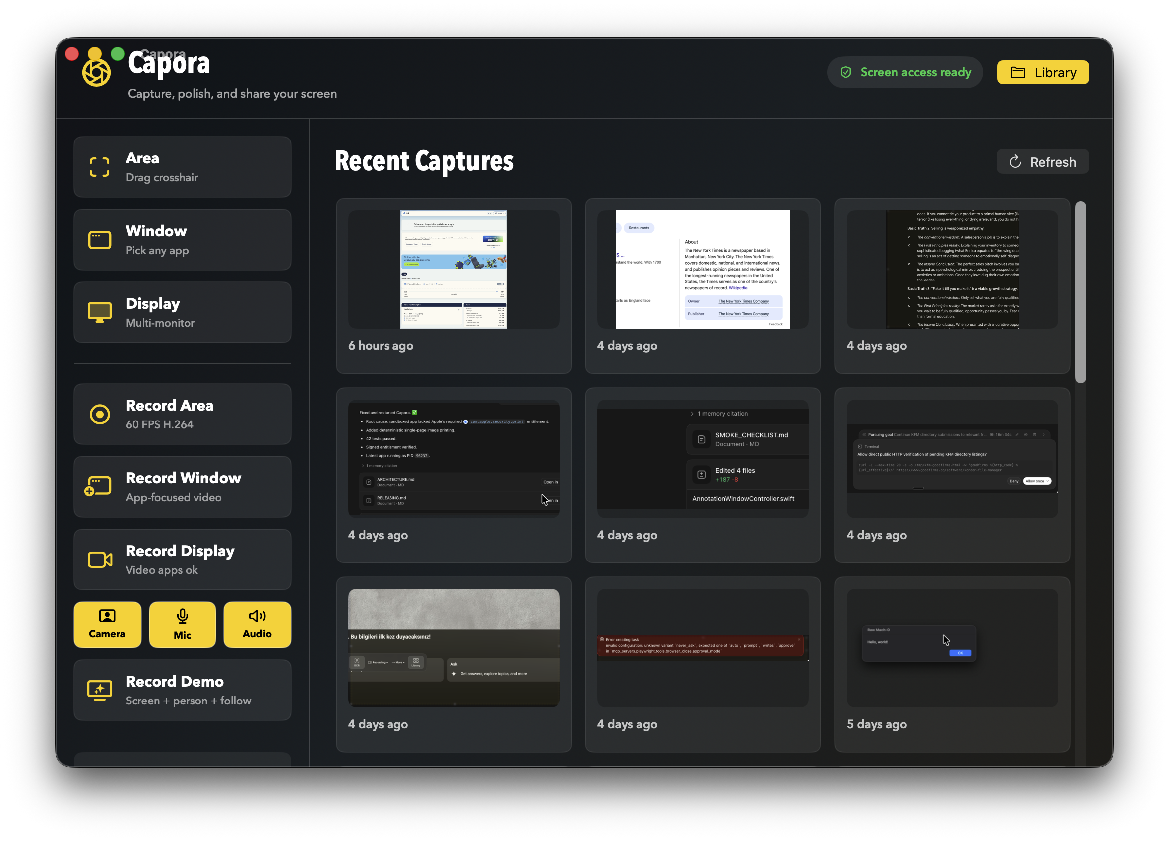 Capora capture workspace showing capture modes and recent screenshots